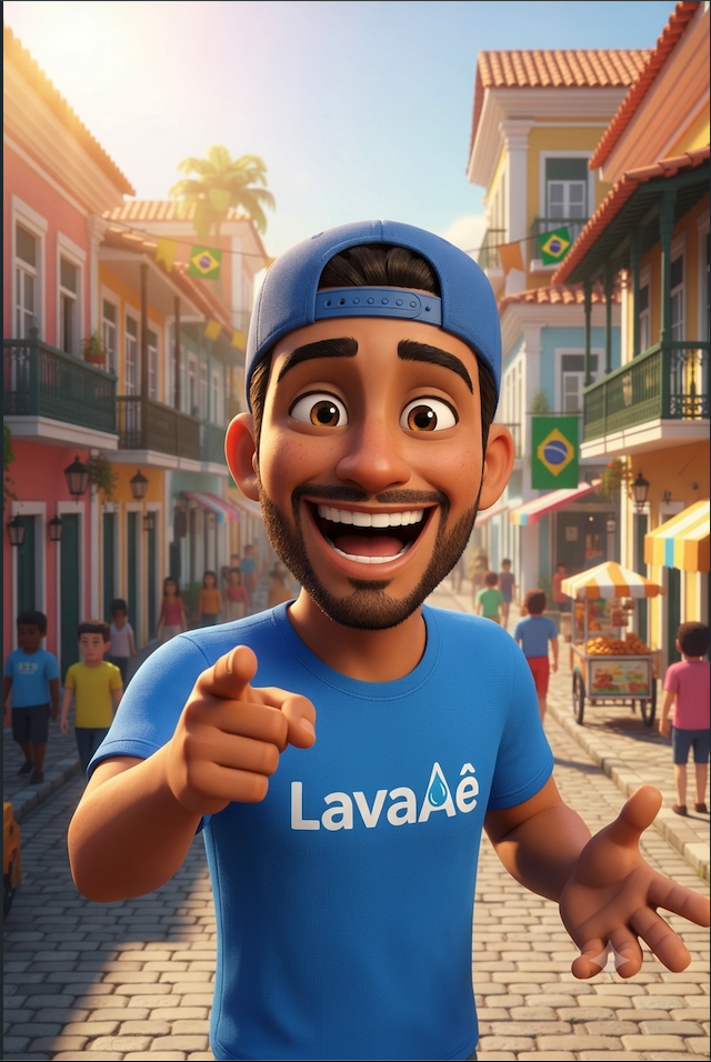 Mascote LavaAê apontando convidativamente