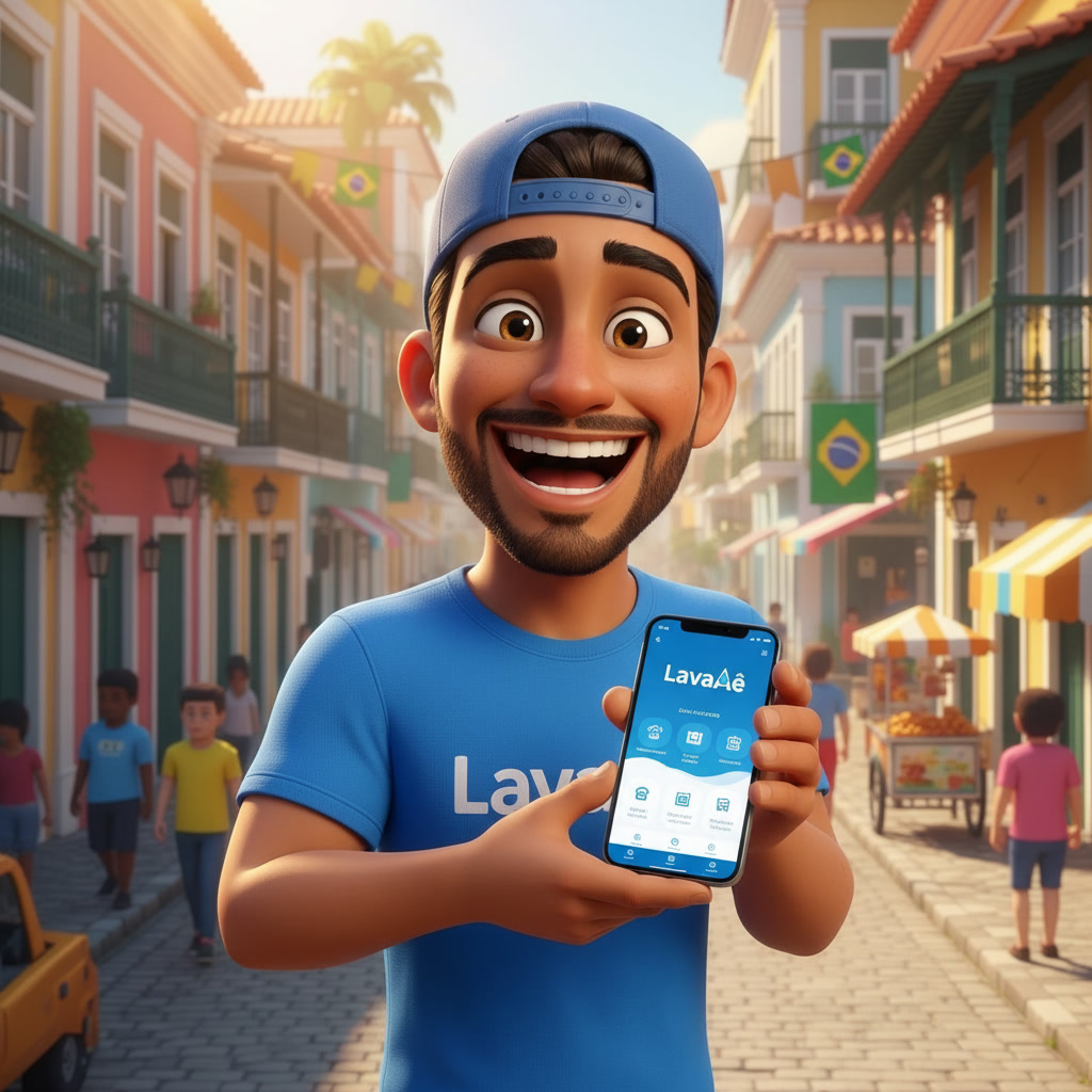 Mascote LavaAê segurando celular com o app aberto